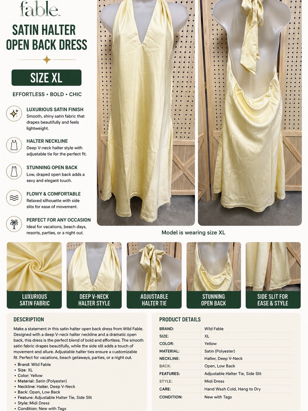 wild fable Pale Yellow Satin Halter Dress with Open Back